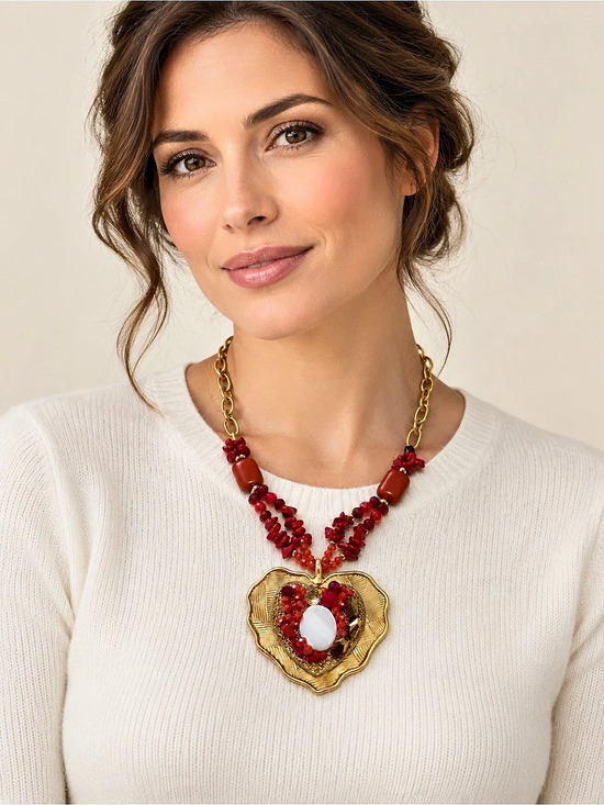 Jewelry - Red Beaded Statement Necklace with Ornate Gold-Tone Heart Pendant